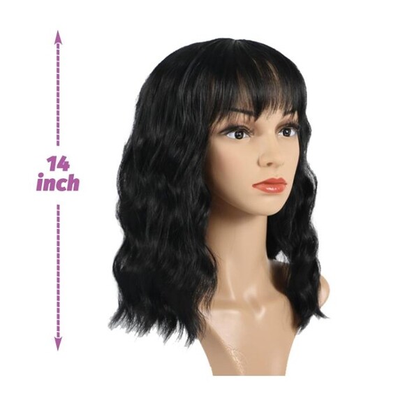 Black Wavy Bob Wig w/ Bangs – Natural-Looking Synthetic Hair, Heat-Resistant NEW - Picture 2 of 5